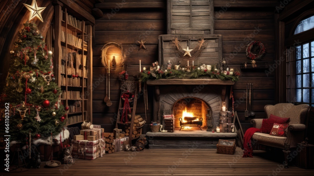 Christmas decorations in a rustic interior.