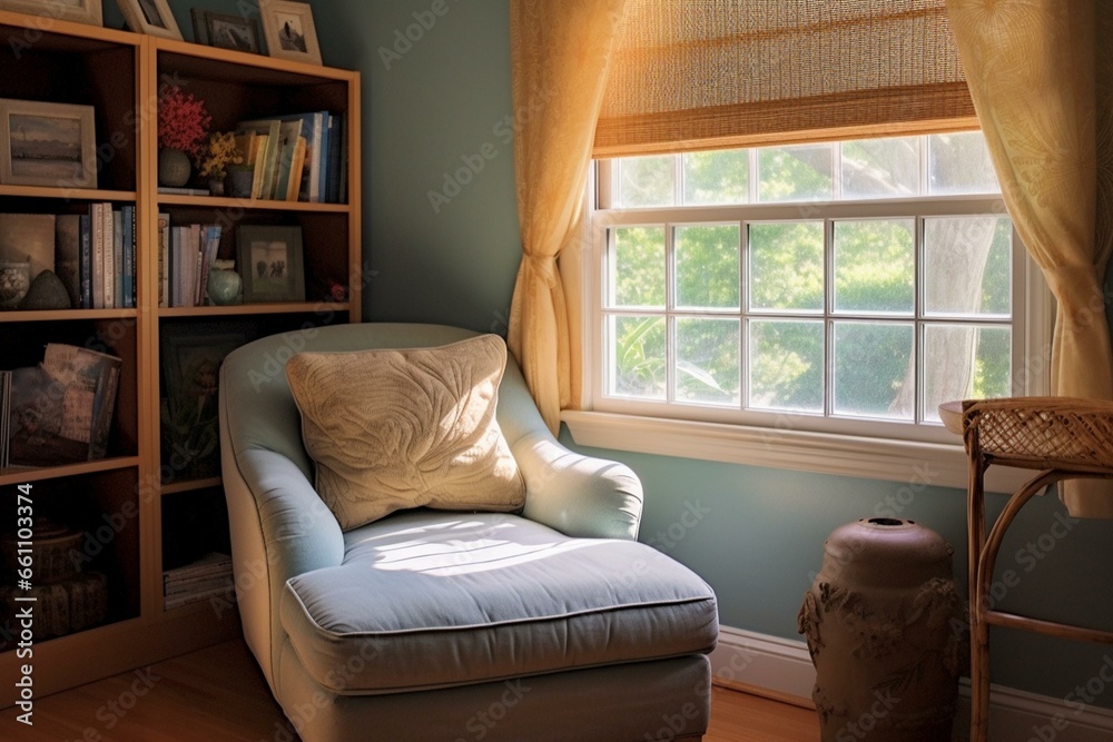 Obraz premium Comfortable lounge area with chair and shelf by window, framed artwork. Generative AI