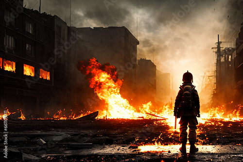 Lone soldier kid walking in destroyed city