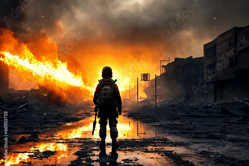 Lone soldier kid walking in destroyed city
