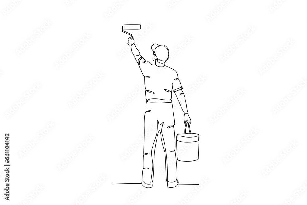 A man paints while holding a paint bucket. Painter one-line drawing A man paints while holding a paint bucket. Painter one-line drawing