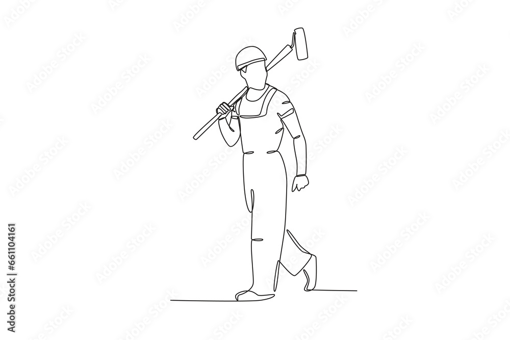 A man carries a paint roller on his shoulders. Painter one-line drawing