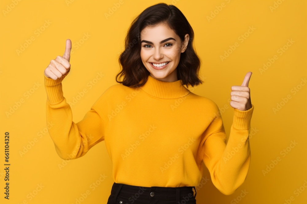 young women happily keeping thumbs up on isolated yellow background copy space young women happily keeping thumbs up on isolated yellow background copy space