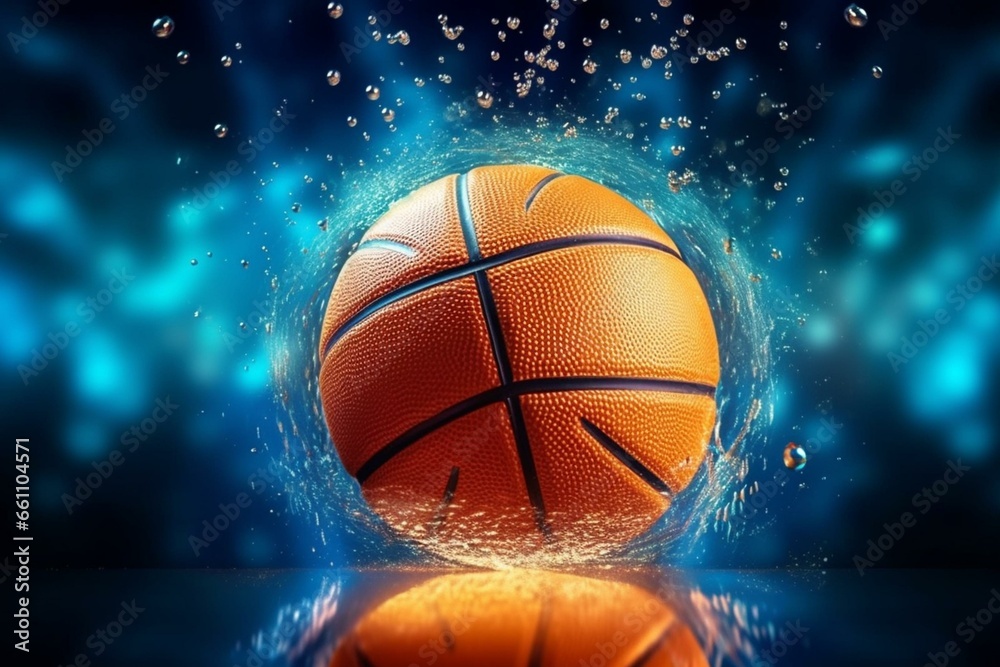 Basketball with diamond water particles under blue sky lighting background. Generative AI