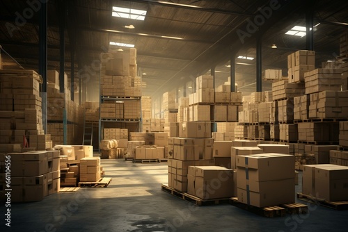 Warehouse with stacked boxes. Generative AI