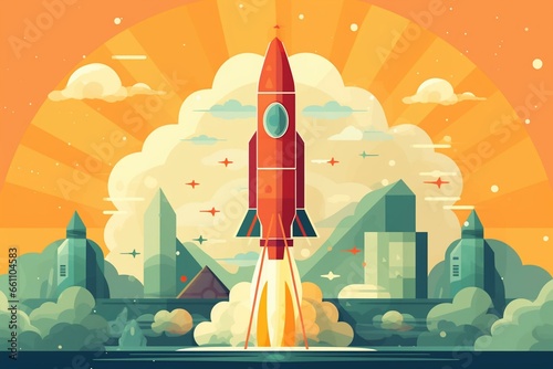 Illustration of rocket launching from ground as a startup backdrop. Generative AI