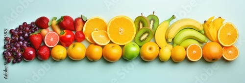 Variety of fresh fruits, top view, bright rainbow colors.