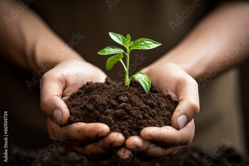 plant in hands, hand holding young plant on blurred nature background. Eco Earth day or plantation day 