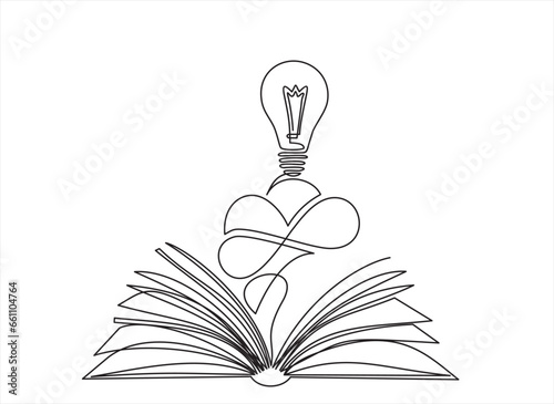 Book one line drawing, continuous vector education and literature with brain and light bulb. Concept of creative thinking and idea. Minimalist contour hand drawn metaphor line art.