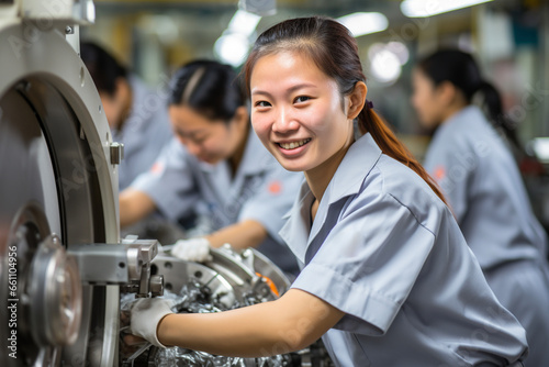 Asian Woman in Factory Looks at the Camera and Smiles