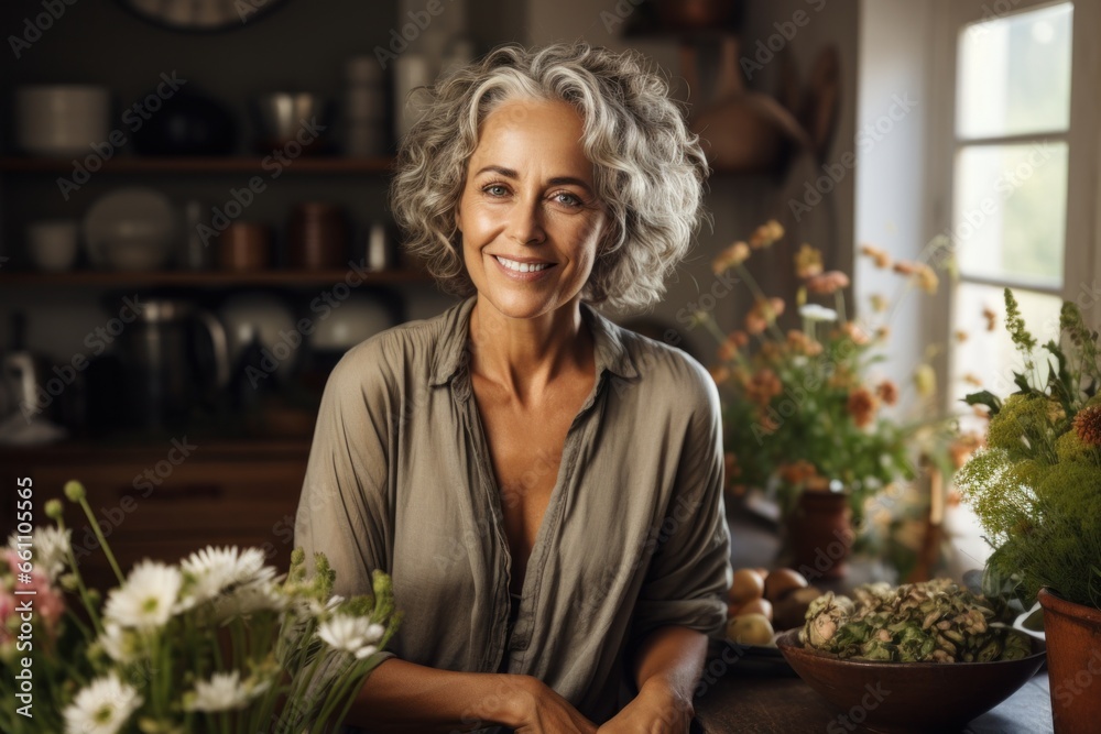 Happy middle aged grey haired woman in domestic kitchen at home, single mature senior in living room with flowers and plants. Florist.