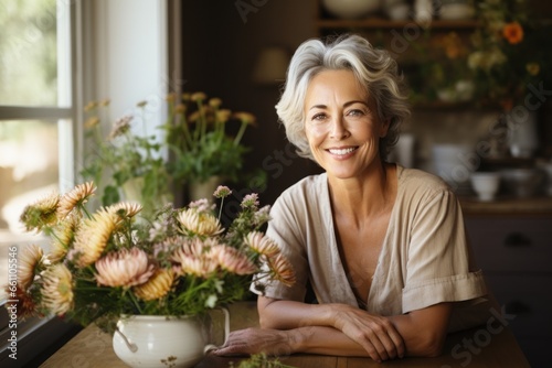 Happy middle aged grey haired woman in domestic kitchen at home, single mature senior in living room with flowers and plants. Florist. © Hugo