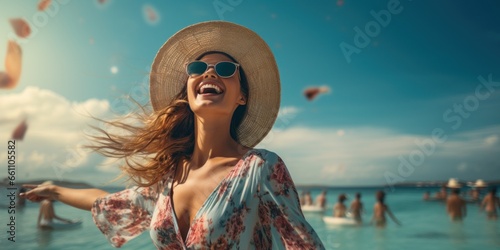 Smiling young happy female with straw hat at the beach. Summer holiday banner.