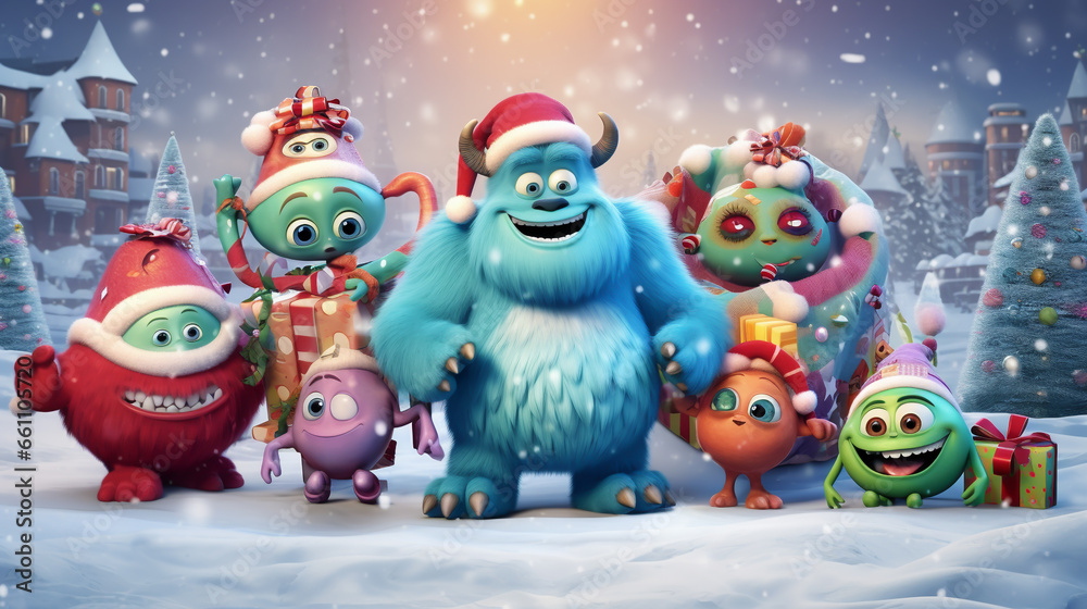 COLORFUL CHRISTMAS CARD WITH LAUGHING HAPPY CARTOON MONSTERS, HORIZONTAL IMAGE. image created by legal AI