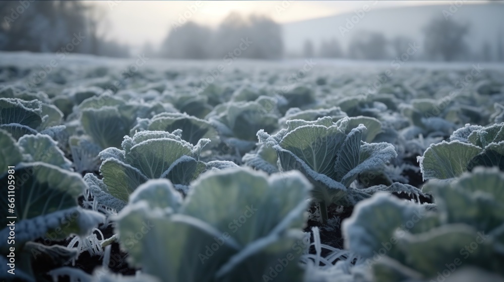 Field with frozen cabbage heads. Spoiled harvest of cole. Frosty weather. Outdoor farm background. - obrazy, fototapety, plakaty 