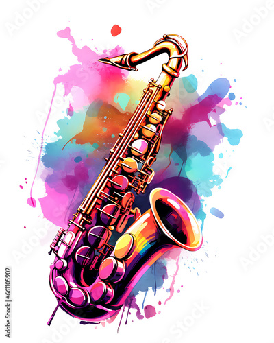 Watercolor saxophone illustration colorful vector white background