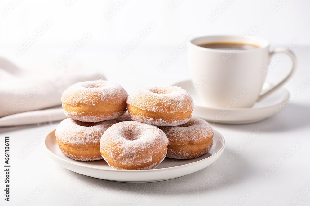 donuts with a mug of tea on a light background
