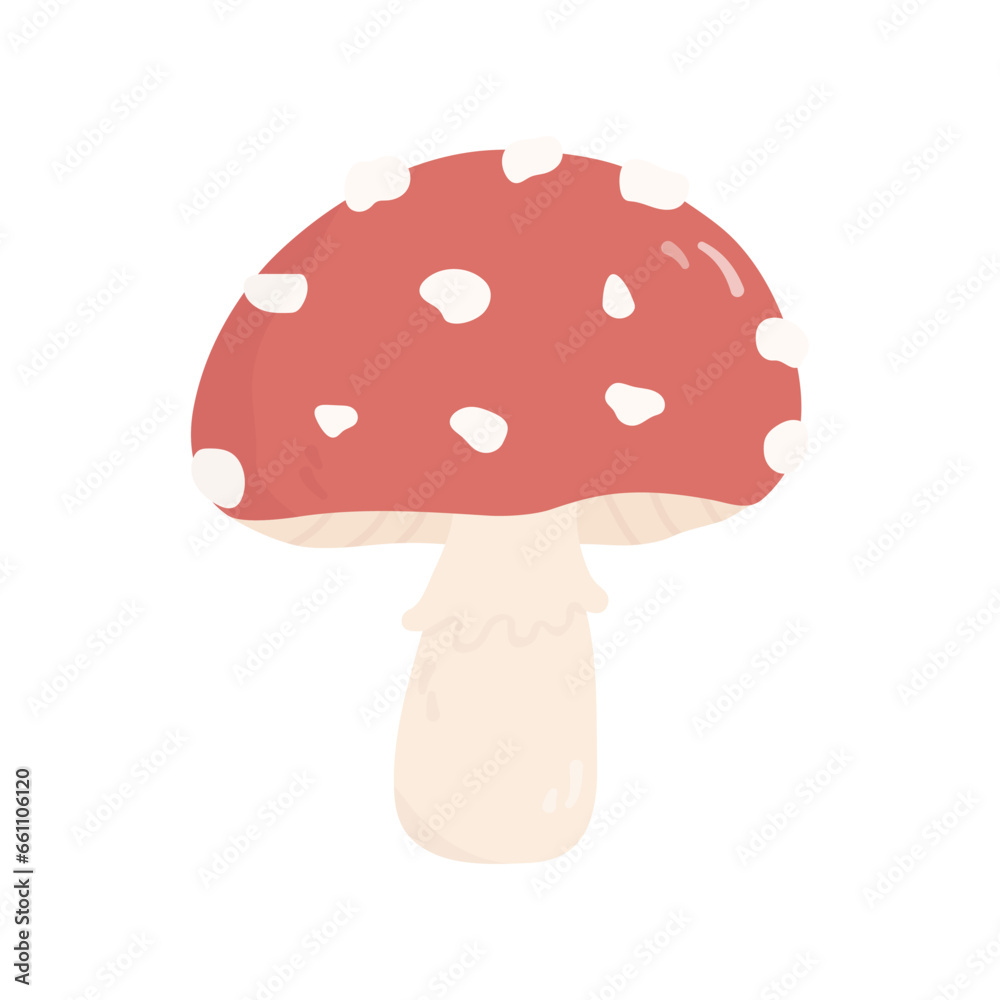 Cute mushroom in hand drawn cartoon style. Vector illustration, png of amanita in pastel colors