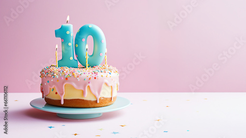 10th year birthday cake on isolated colorful pastel background photo