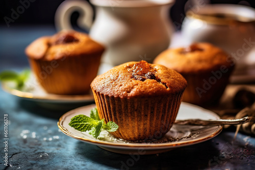 muffins with a mug of tea on a light background