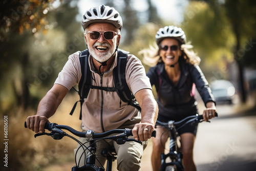 Senior couple riding bikes, healthy lifestyle © Irina