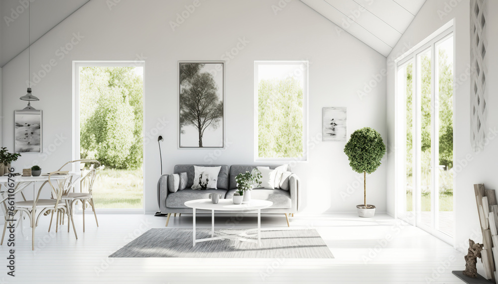 Modern cozy scandinavian living room interior with sofa and decorative elements. Shades of white. Indoor background. Modern cozy scandinavian living room interior with sofa and decorative elements. Shades of white. Indoor background.