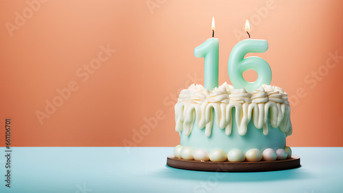 16th year birthday cake on isolated colorful pastel background photo