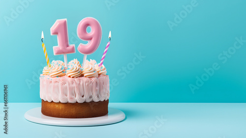 19th year birthday cake on isolated colorful pastel background photo