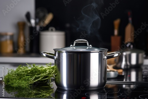 Pot cooking on induction or electric stove . Modern kitchen interior, Close up.