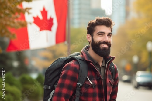 Portrait of a Hispanic college student carrying a backpack and standing Canada flag in background