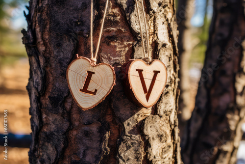 Two wooden hearts with the initials L and V