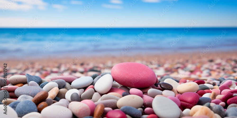 Trendy pink and red colorful small sea stone pebbles on the sandy beach background. Multicolored abstract beach nature pattern, blue sky and sea, with copy space. Trendy pink and red colorful small sea stone pebbles on the sandy beach background. Multicolored abstract beach nature pattern, blue sky and sea, with copy space.