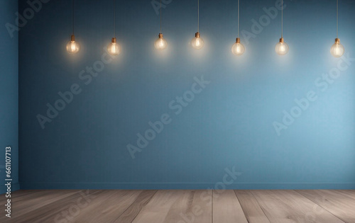 Blue empty wall and wooden floor with interesting light glare. Interior background for the presentation or artwork exhibition