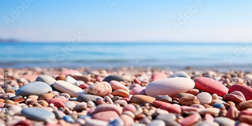 Trendy pink and red colorful small sea stone pebbles on the sandy beach background. Multicolored abstract beach nature pattern, blue sky and sea, with copy space.