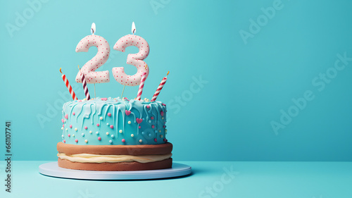 23rd year birthday cake on isolated colorful pastel background photo