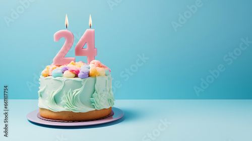 24th year birthday cake on isolated colorful pastel background photo