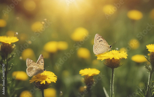Cheerful buoyant spring summer shot of yellow Santolina flowers and butterflies in meadow in nature 