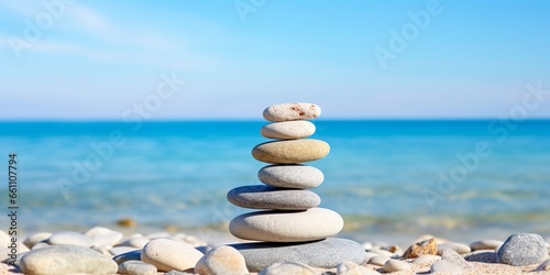 Zen stones by the sea, balance spa wellness concept, blue clear sky and sea, with copy space.