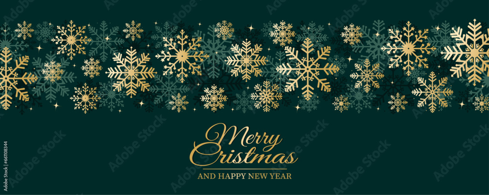 Beautiful Christmas background. Green festive background with golden snowflakes and congratulatory text. Vector illustration for poster, card, banner or print design. - obrazy, fototapety, plakaty 