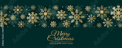 Beautiful Christmas background. Green festive background with golden snowflakes and congratulatory text. Vector illustration for poster, card, banner or print design.