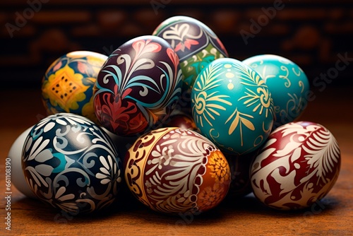 Pile of birght and colorful detailed hand painted Easter Eggs 