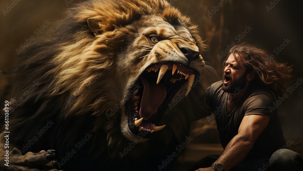 a person with giant lion roaring. roaring mighty fantasy lion. fantasy surreal gigantic animal. - obrazy, fototapety, plakaty 
