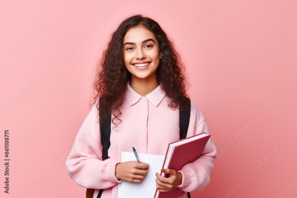 Front view young female student with copybook in her hands Front view young female student with copybook in her hands