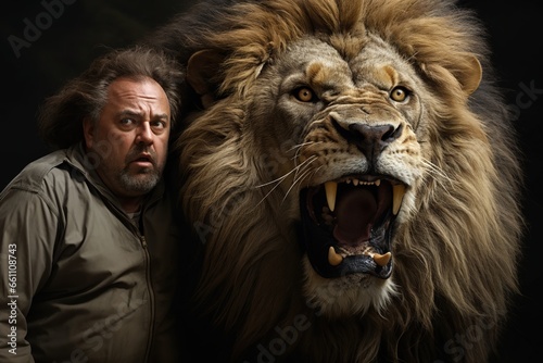a person with giant lion roaring. roaring mighty fantasy lion. fantasy surreal gigantic animal. photo