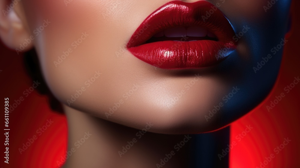 Fototapeta premium Close-up portrait of a woman with red lipstick on her lips. Women's beauty, cosmetics.