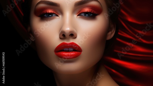 Close-up portrait of a woman with red lipstick on her lips. Women s beauty  cosmetics.