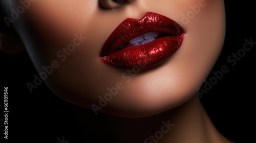 Close-up portrait of a woman with red lipstick on her lips. Women s beauty  cosmetics.