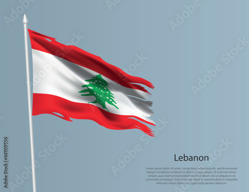 Ragged national flag of Lebanon. Wavy torn fabric on blue background