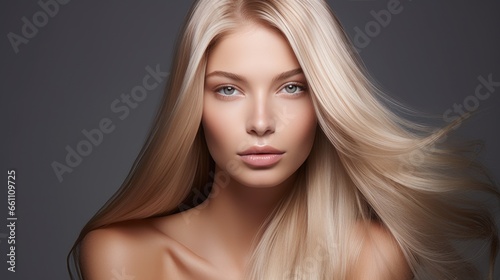 Beautiful blonde woman with long, healthy , straight and shiny hair. Hairstyle loose hair 
