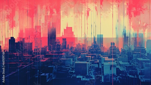 Generative AI  Poster with cityscape in risograph and glitch style  vivid colors